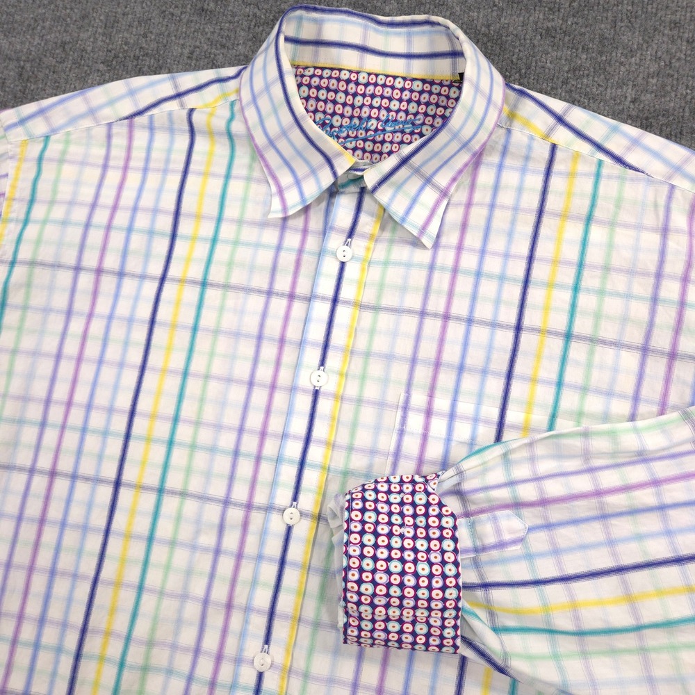 Bugatchi Uomo Shirt Mens XL White Multicolor Windowpane Geometric Flip Cuff